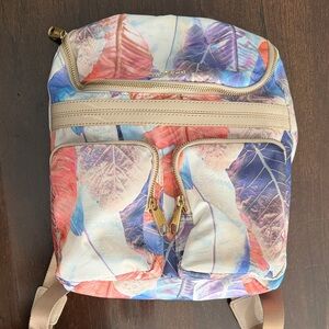 Kipling Multicolor Leaf-Print Backpack with Cream Trim